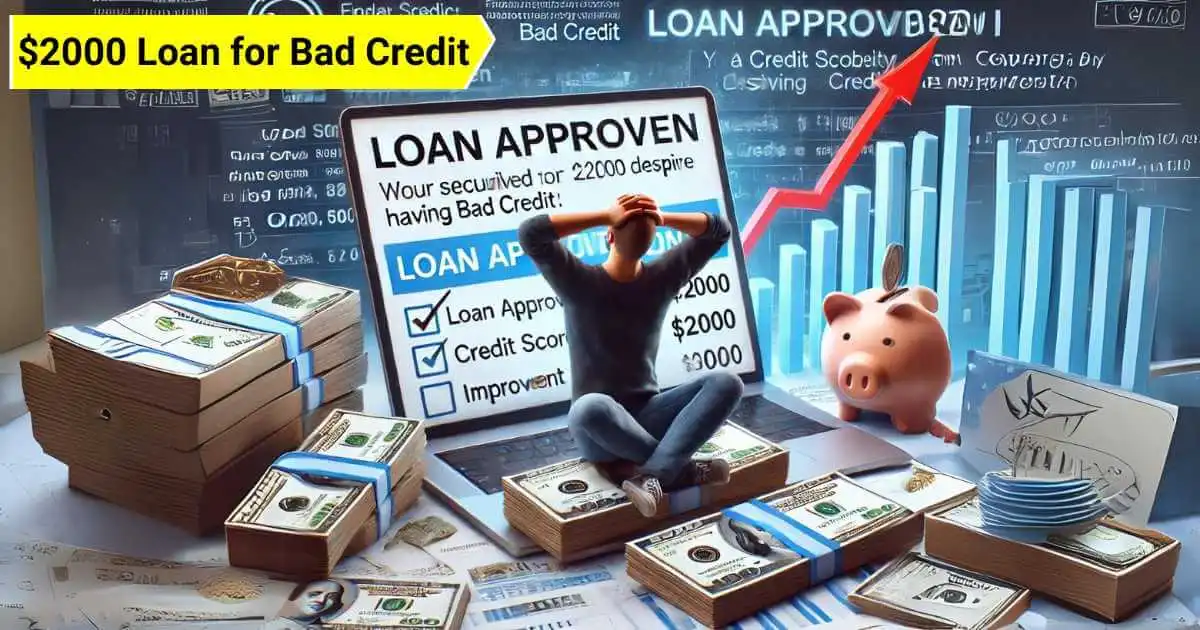 A person feeling relieved after securing a $2000 loan despite having bad credit. The background features a computer screen displaying a loan approval message, stacks of money, and a credit score report with improvement indicators. The scene includes elements representing financial stability, such as a rising graph, dollar signs, and a piggy bank.