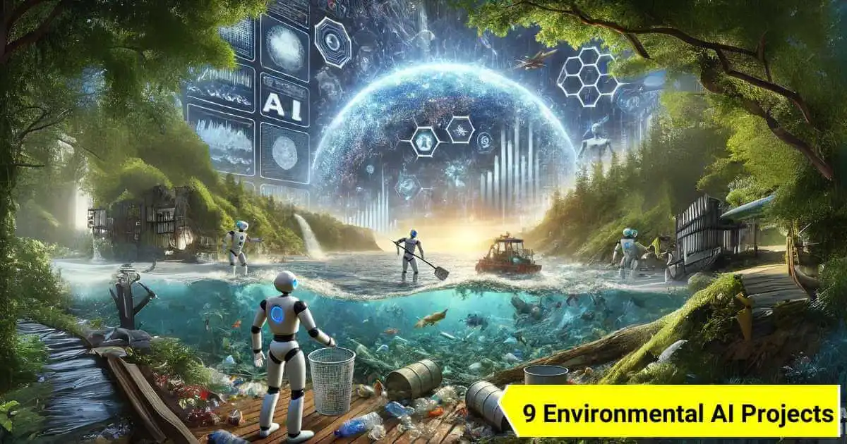 A highly detailed image showing AI-powered robots cleaning plastic pollution from the ocean, AI systems predicting weather disasters on a large screen, and AI algorithms identifying and protecting endangered species in a lush forest, symbolizing the alliance between humans and artificial intelligence to combat environmental challenges.