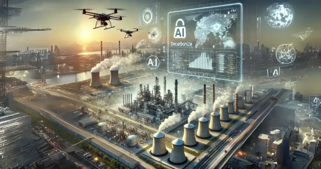 A photorealistic depiction of AI in action, helping industries decarbonize. The image shows an industrial landscape with factories emitting less smoke, AI-powered drones, and sensors monitoring emissions. Satellite imagery on a screen illustrates data analysis from machines and processes, highlighting the role of technology in reducing emissions.