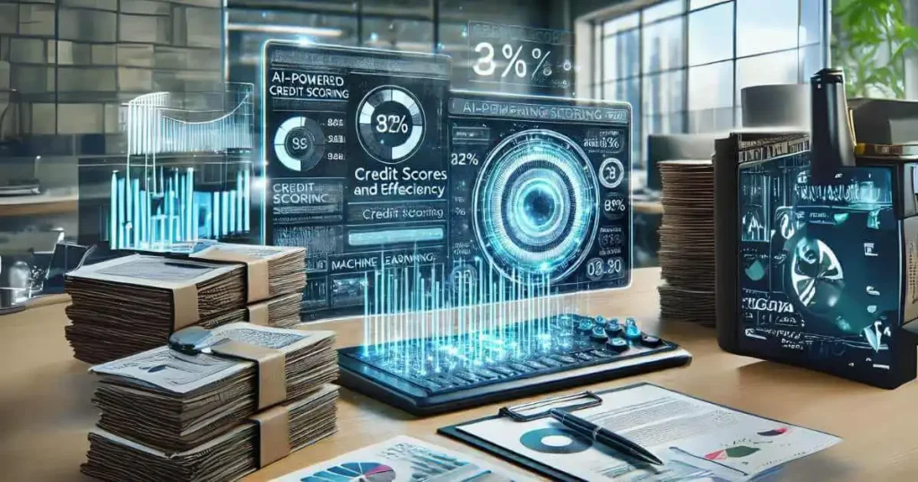 A computer screen displaying a dashboard with credit scores, graphs, and machine learning algorithms, surrounded by stacks of documents and financial charts in a futuristic office setting.
