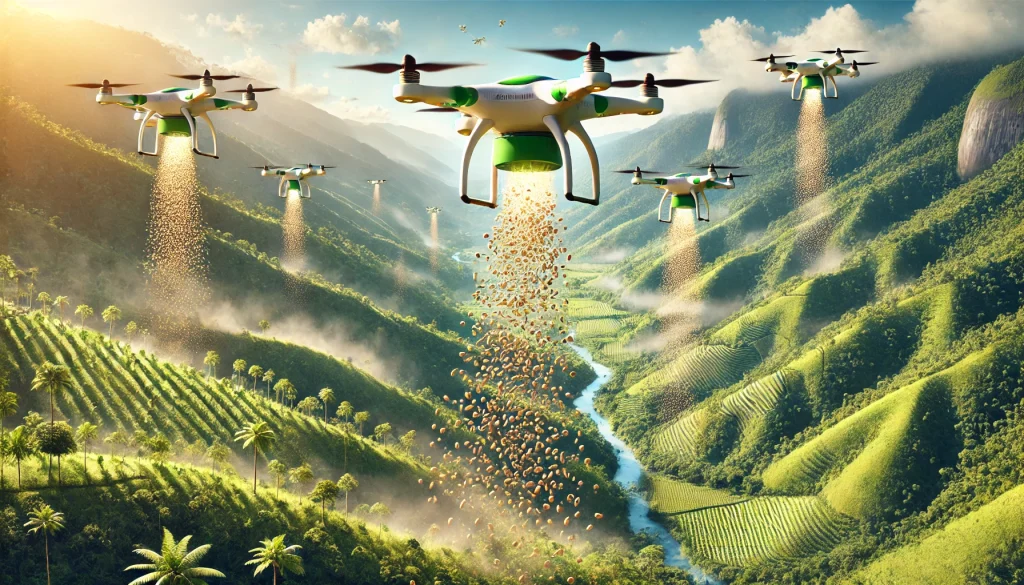 AI-powered drones dispersing seeds in hard-to-reach areas around Rio de Janeiro, Brazil, promoting reforestation with lush green hills and dense forest in the background.