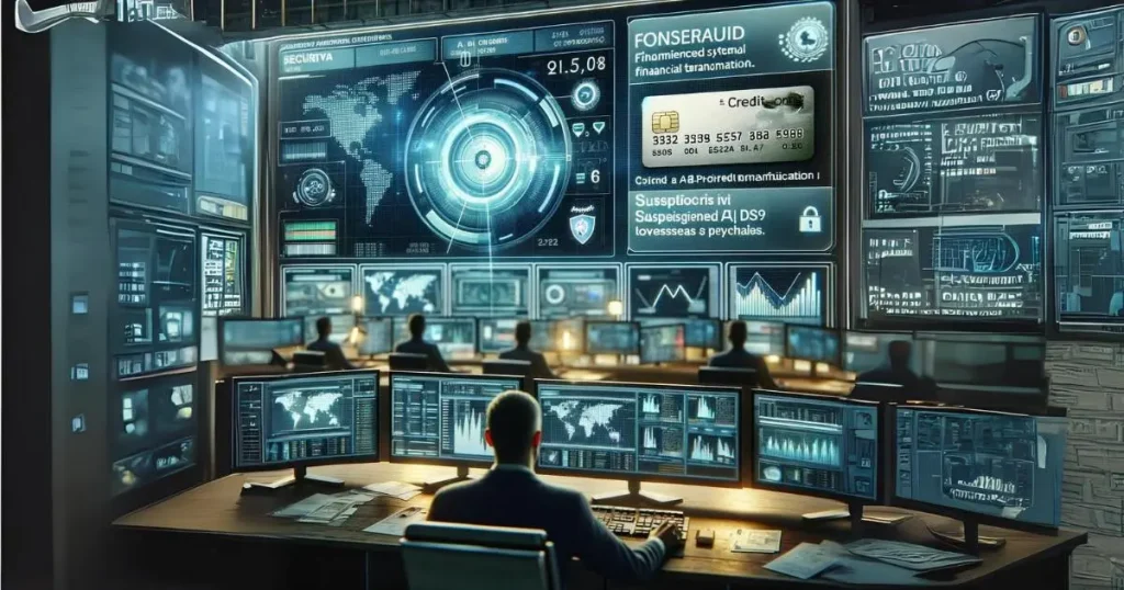 A secure, modern control room in a financial institution with analysts monitoring multiple screens displaying advanced AI-powered fraud detection systems. One screen highlights a flagged fraudulent transaction involving a credit card with suspicious overseas purchases. Financial data, charts, and security elements create an atmosphere of high-tech vigilance and protection.