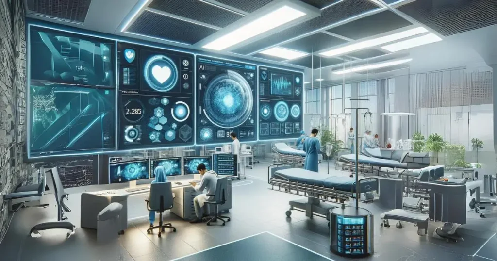 AI technology monitoring and safeguarding patient data in a high-tech hospital room, with medical professionals using AI-powered devices and screens showing data analysis, threat detection, and secure access controls.