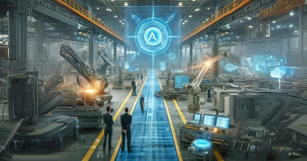 Futuristic factory floor with AI-powered predictive maintenance and optimized production lines