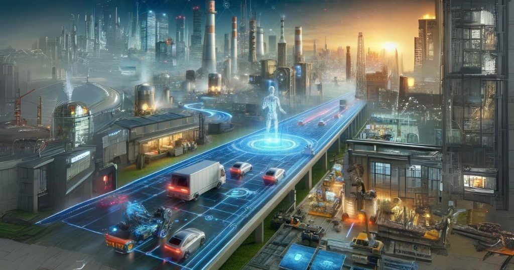 Futuristic cityscape with AI-powered autonomous vehicles, intelligent machines in factories, and AI-driven logistics.