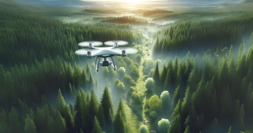 AI technology monitoring environmental changes in a lush forest.