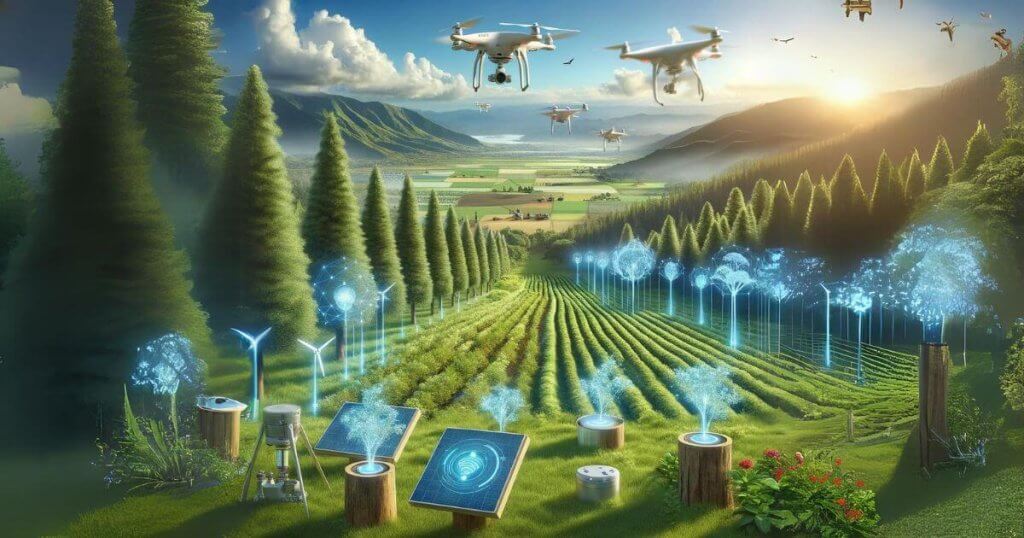 AI technology monitoring a forest with drones, sensors measuring soil quality, and smart irrigation systems