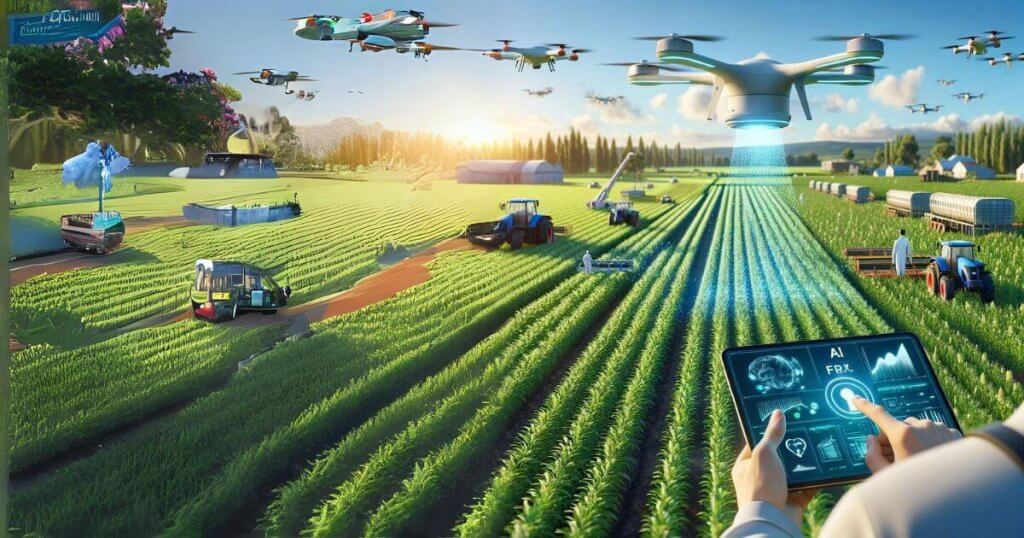 AI-powered drones and advanced farming equipment optimizing crop growth on a modern farm.