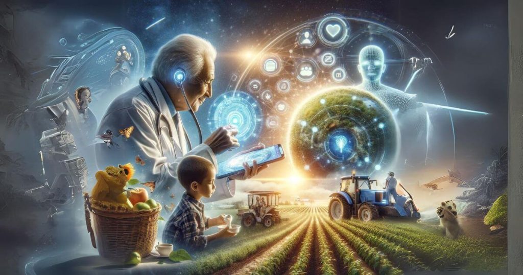 Diverse applications of AI for social good, including a doctor diagnosing a patient, a child using AI-powered learning tools, and a farmer leveraging AI for sustainable agriculture.