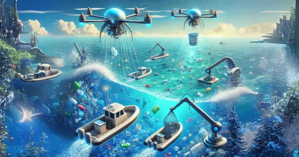 AI-powered drones and autonomous boats equipped with sensors and robotic arms, collecting and removing plastic debris from the ocean.