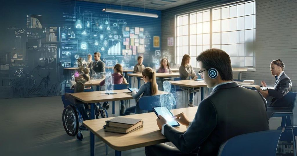 Classroom with AI-powered assistive technologies for students with disabilities, including text-to-speech and sign language translation tools.