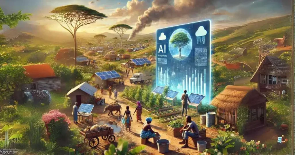 AI helping communities in Africa facing climate risks, blending technology with traditional African community life, showcasing weather prediction systems, tree planting, solar panel installation, and waste management.