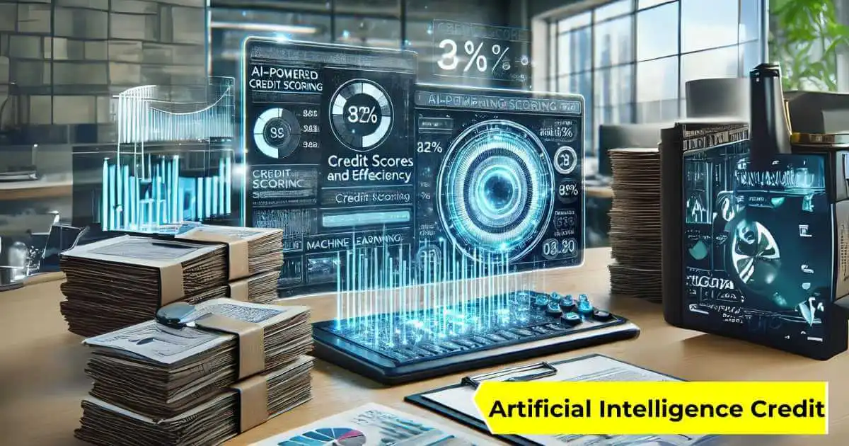 A computer screen displaying a dashboard with credit scores, graphs, and machine learning algorithms, surrounded by stacks of documents and financial charts in a futuristic office setting for Artificial Intelligence Credit