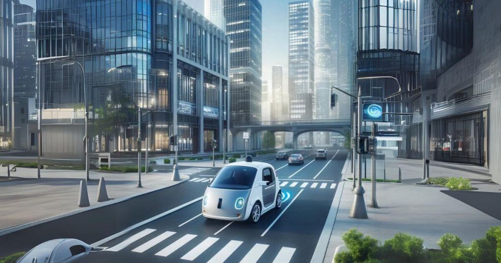 Self-driving car on a smart city street.