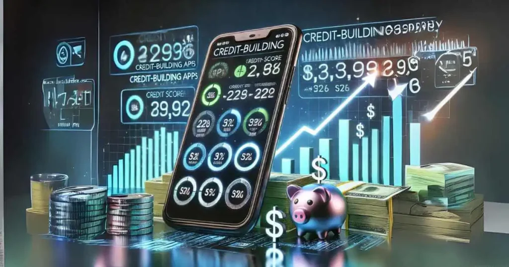 A highly detailed image showcasing various credit-building app icons on a smartphone screen, with charts showing credit score improvements, and symbols representing financial growth like dollar signs, piggy banks, and rising graphs.