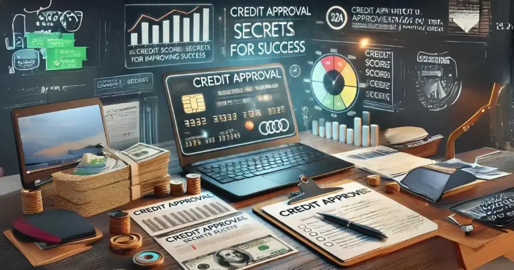 A highly detailed, photorealistic image showing a desk with financial documents, a laptop displaying a credit approve screen, and a checklist of tips for improving credit, set against a background of financial graphs and a calendar.