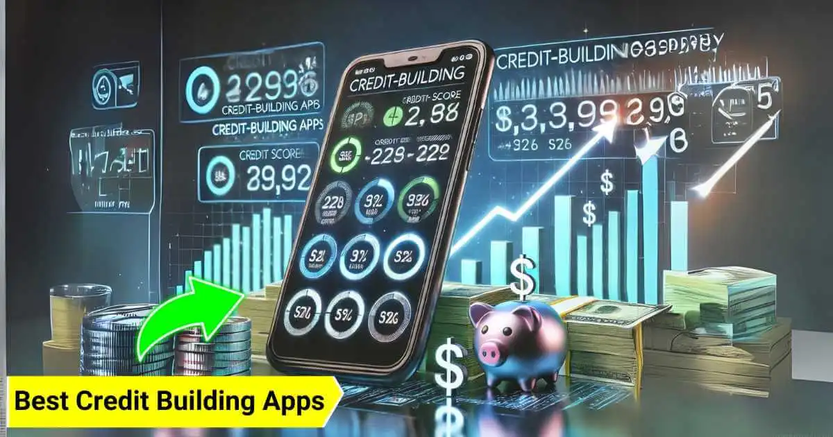 A highly detailed image showcasing various credit-building app icons on a smartphone screen, with charts showing credit score improvements, and symbols representing financial growth like dollar signs, piggy banks, and rising graphs.