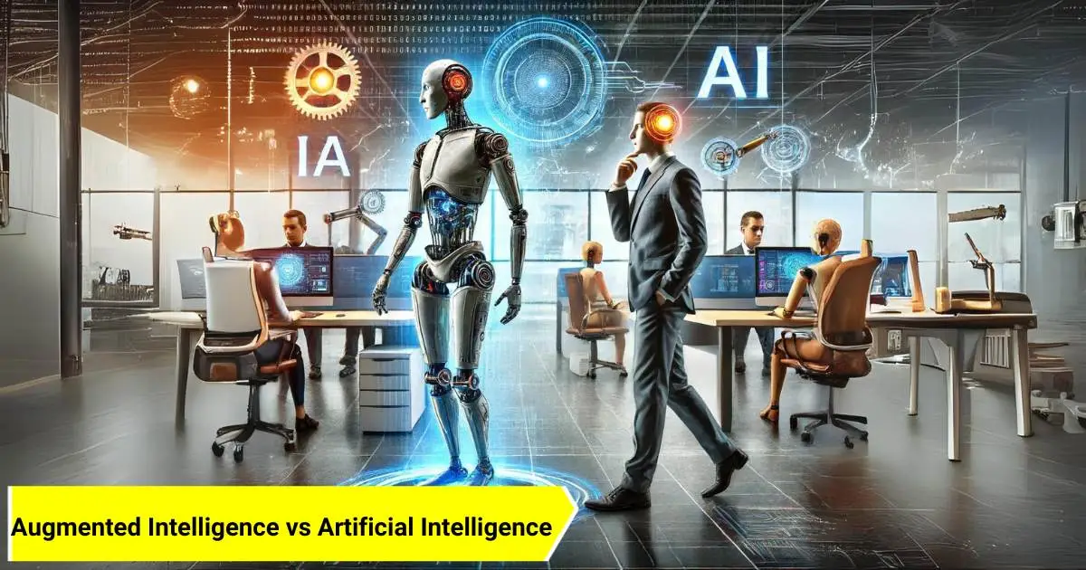 A detailed comparison between Augmented Intelligence (IA) and Artificial Intelligence (AI) in a futuristic office setting, depicting human-machine collaboration on one side and fully autonomous robots on the other.