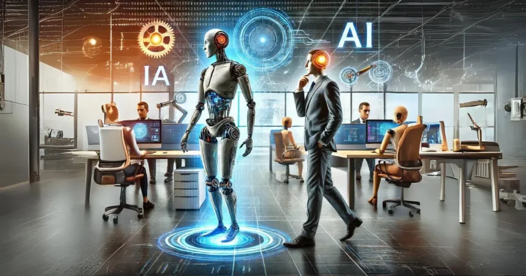 A detailed comparison between Augmented Intelligence (IA) and Artificial Intelligence (AI) in a futuristic office setting, depicting human-machine collaboration on one side and fully autonomous robots on the other.