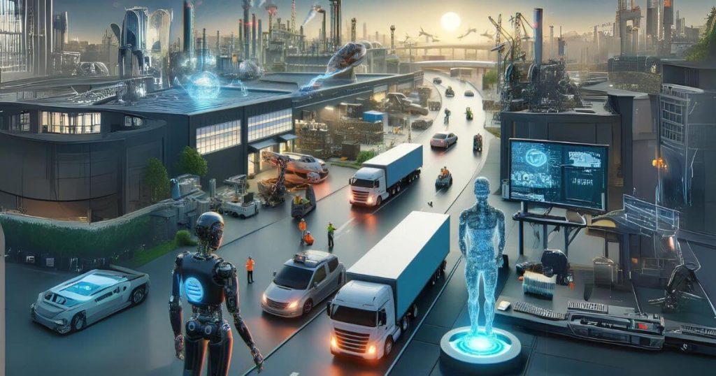 Self-driving trucks, robots on factory assembly lines, and AI-powered chatbots, highlighting economic inequality.