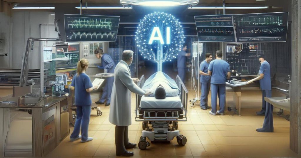 Emergency room with a physician relying on an AI system to diagnose a patient, with an element indicating a critical error by the AI.