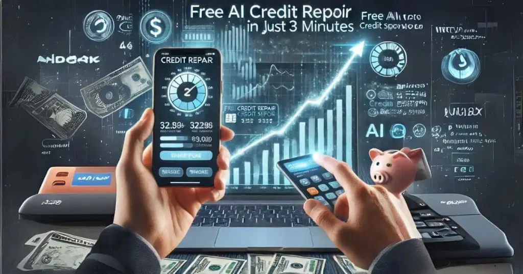 A highly detailed image showing a person using a smartphone and laptop, both displaying credit repair apps with a rapid improvement in credit score. Background includes dollar signs, a piggy bank, and rising graphs indicating financial growth.