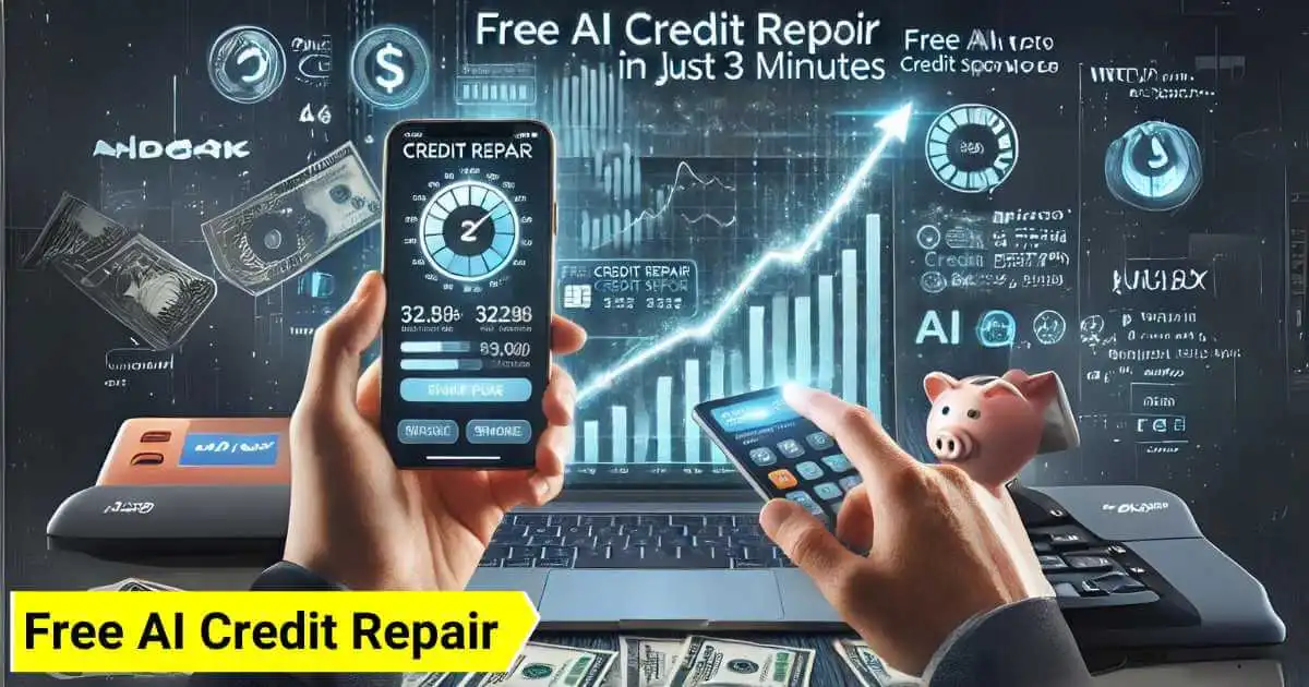 A highly detailed image showing a person using a smartphone and laptop, both displaying credit repair apps with a rapid improvement in credit score. Background includes dollar signs, a piggy bank, and rising graphs indicating financial growth.