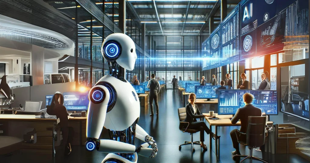 A futuristic office scene showcasing human and AI collaboration showing future of AI jobs, with humans and AI robots working side by side on various tasks, symbolizing the rise of the human-AI collaboration era.