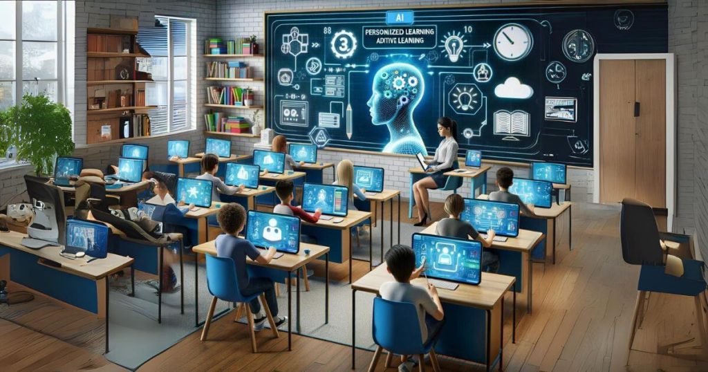 Modern classroom with students using AI-powered adaptive learning platforms.