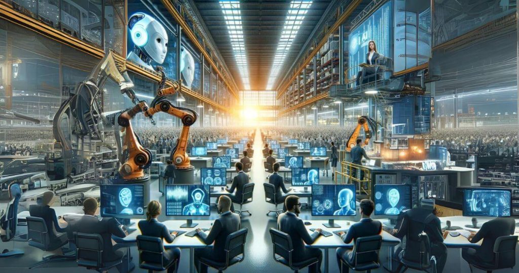 Factory assembly line with robots, customer service center with chatbots, and new job roles like data analysts and AI ethicists.