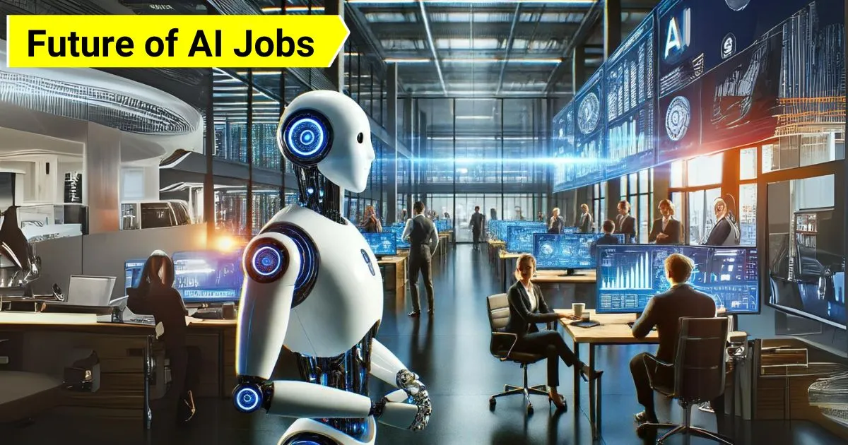 A futuristic office scene showcasing human and AI collaboration, with humans and AI robots working side by side on various tasks, symbolizing the rise of the human-AI collaboration era.