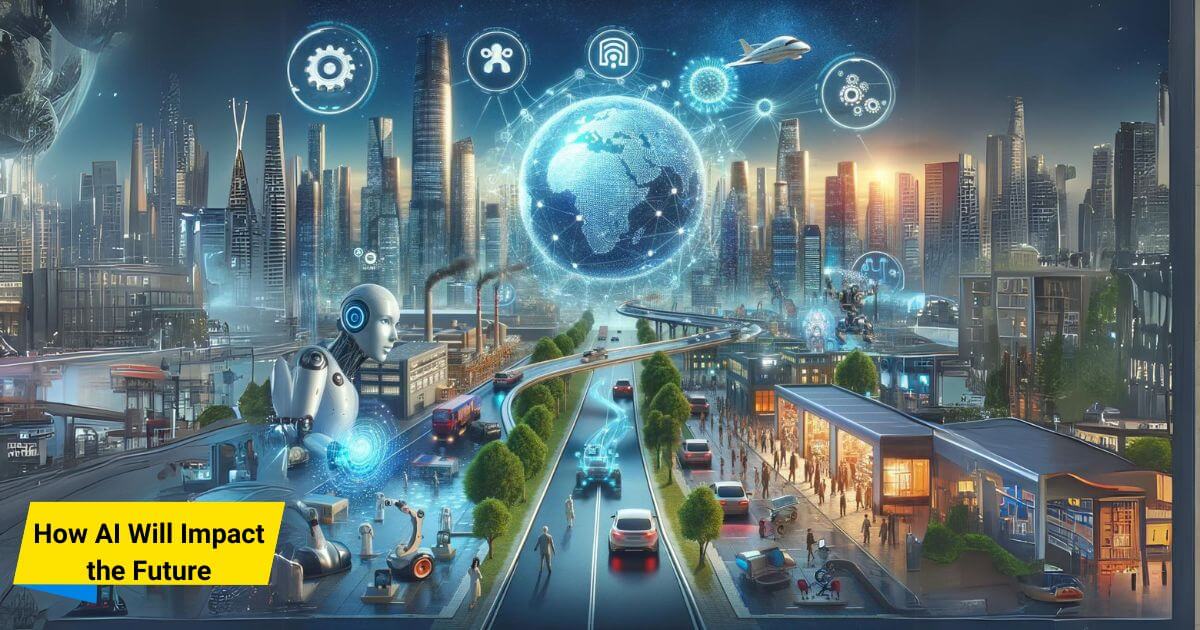 Futuristic cityscapes with AI-powered technologies, self-driving cars, AI-driven healthcare, robots in manufacturing, and personalized AI assistants.