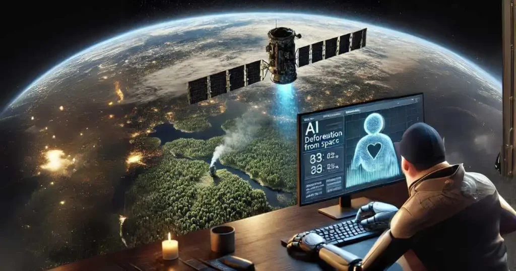 A highly detailed, photorealistic image depicting AI technology mapping deforestation using satellite data.