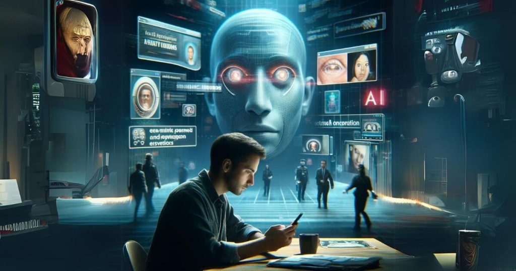 Person scrolling through social media with targeted advertisements and AI-powered facial recognition systems in the background.