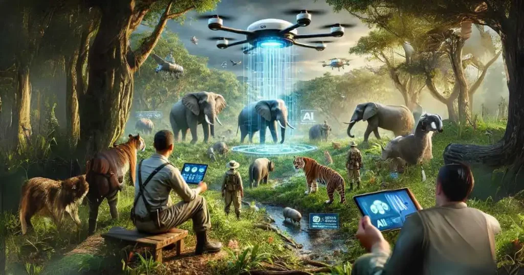 AI technology monitoring and tracking endangered species in a lush environment, with drones and ground sensors