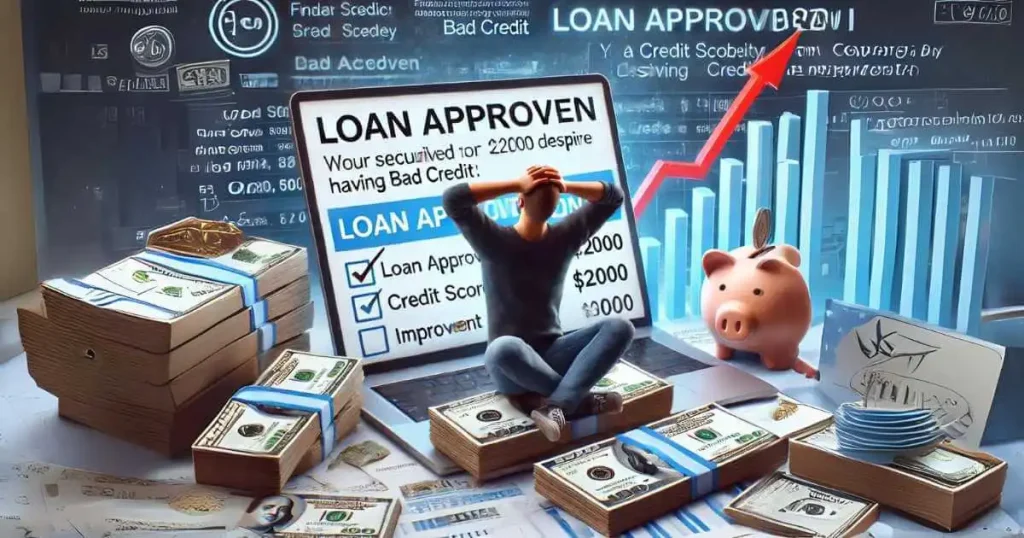 A person feeling relieved after securing a 2000 loan for bad credit. The background features a computer screen displaying a loan approval message, stacks of money, and a credit score report with improvement indicators. The scene includes elements representing financial stability, such as a rising graph, dollar signs, and a piggy bank.