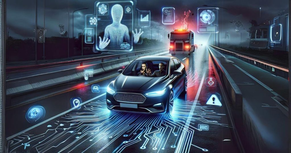 Self-driving car experiencing a cyberattack with a panicked person inside