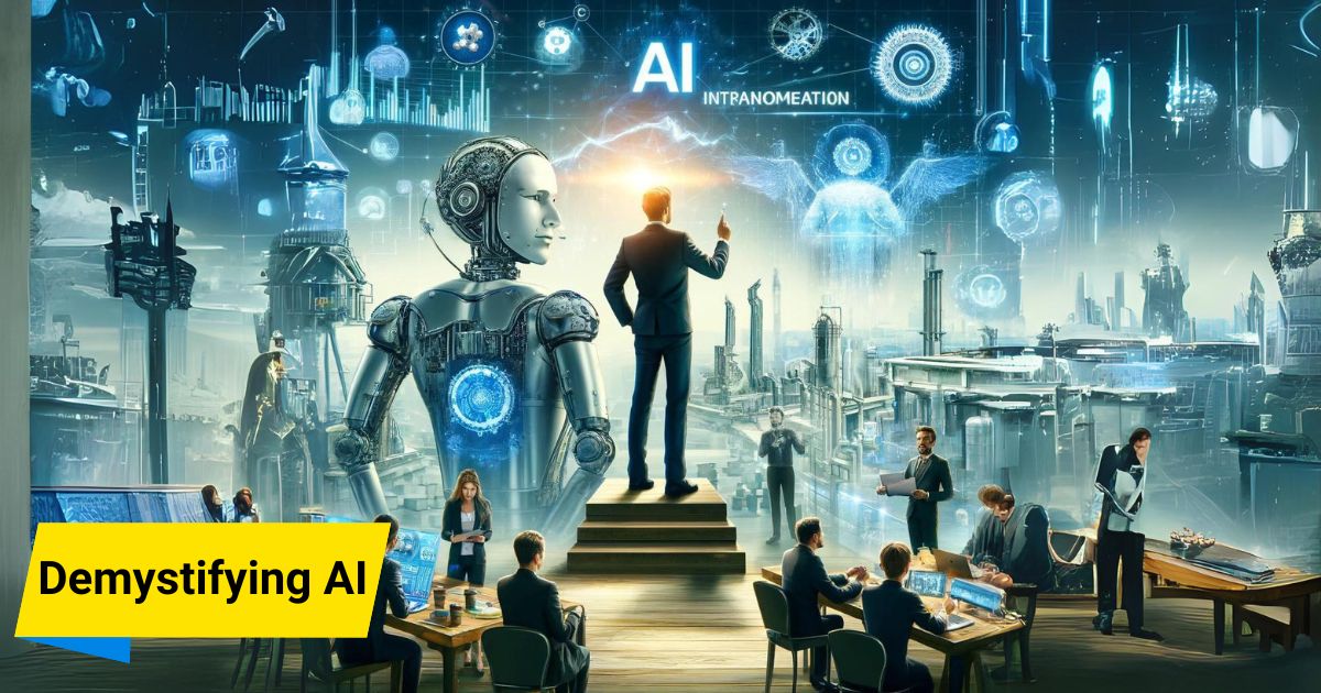 Business leader guiding their team through AI implementation with data analytics, AI tools, collaborative discussions, and AI-powered machinery.