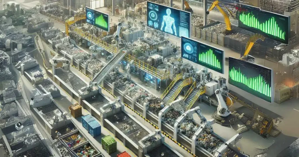 AI-powered waste processing and recycling facility with robotic arms sorting through waste on a conveyor belt.