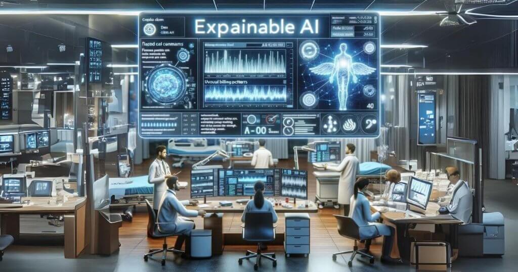 The Rise of Explainable AI (XAI): Healthcare professional using Explainable AI for fraud detection, analyzing flagged claims with data-driven insights